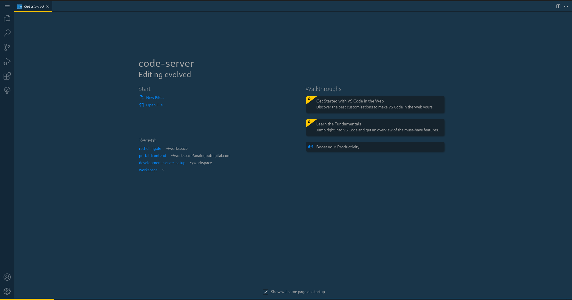 Willkommensbildschirm von code-server